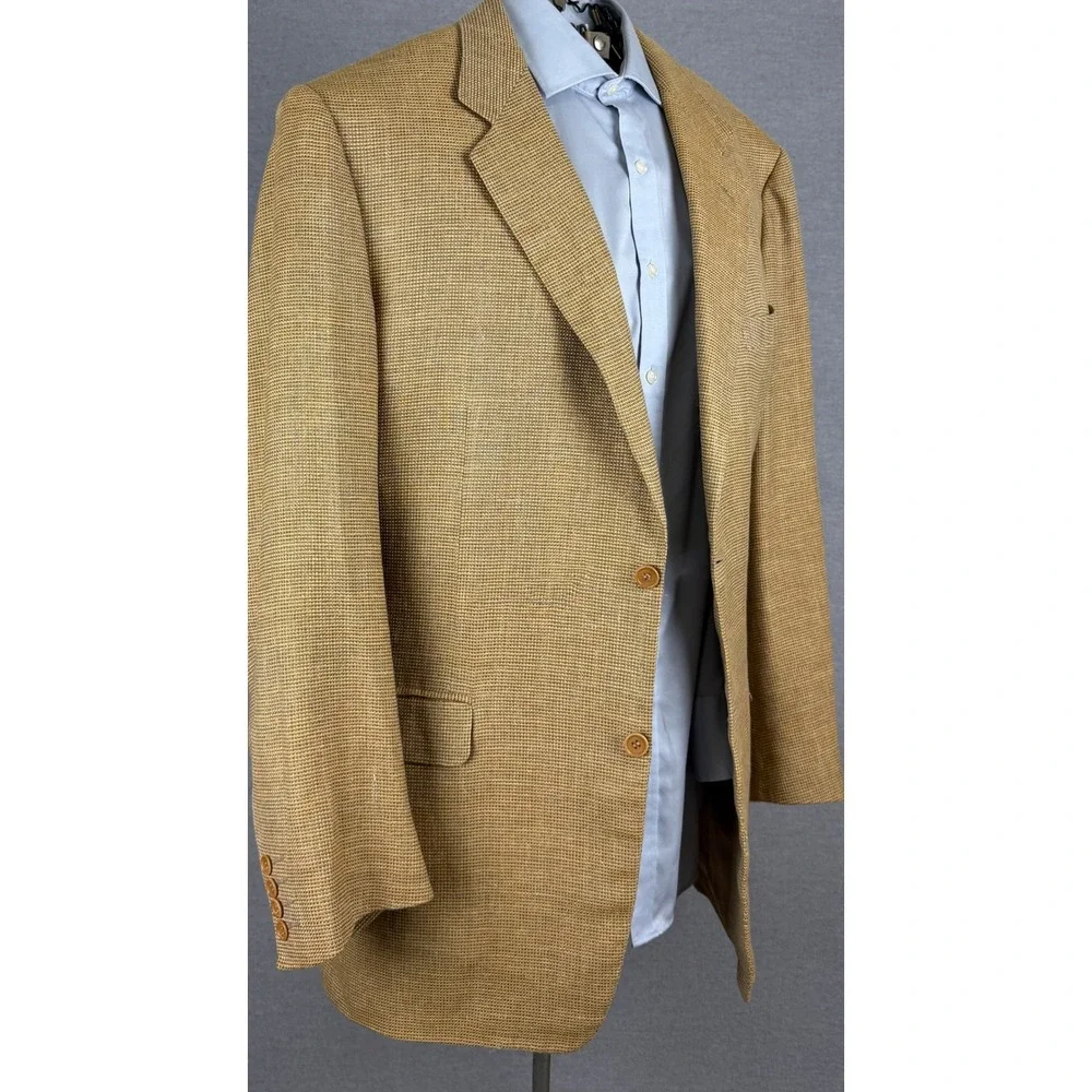Canali Mens Silk Linen Wool Blazer Tan Gold Houndstooth Sport Coat Italy 54 L